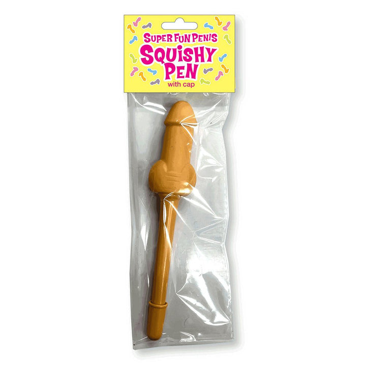 Packaged novelty squishy pen with a playful design and yellow label reading Super Fun Penis Squishy Pen.