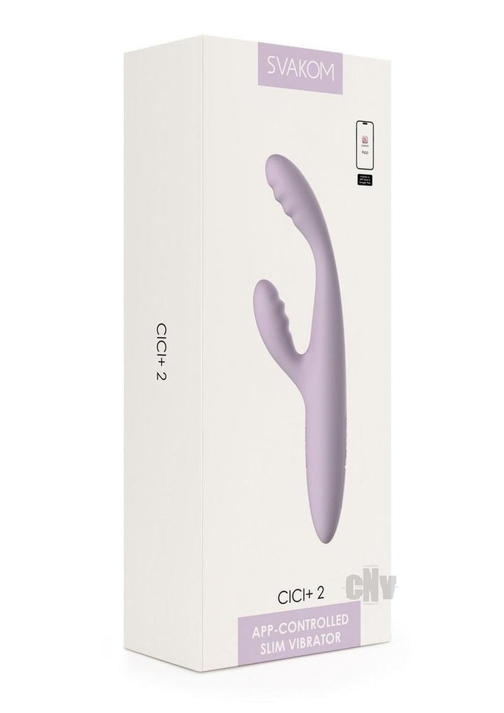 Packaging of Svakom Cici 2+ lavender app-controlled slim rabbit vibrator with sleek, curved design shown on front.