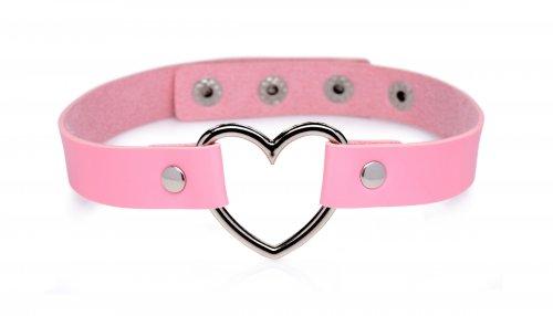 Pink vegan leather choker with a silver metal heart centerpiece and adjustable snap closures.