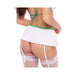 Rear view of a model wearing the Sweet Mary Jane 4-piece set featuring a white garter skirt with green trim and white thigh-high stockings.