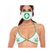 Woman wearing a white and green nurse-themed bikini top with cannabis leaf prints and a matching face mask with a green medical cross.