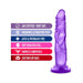 Purple realistic dildo with suction cup base and features list including body safe, fragrance free, latex free, soft feel, harness compatible.
