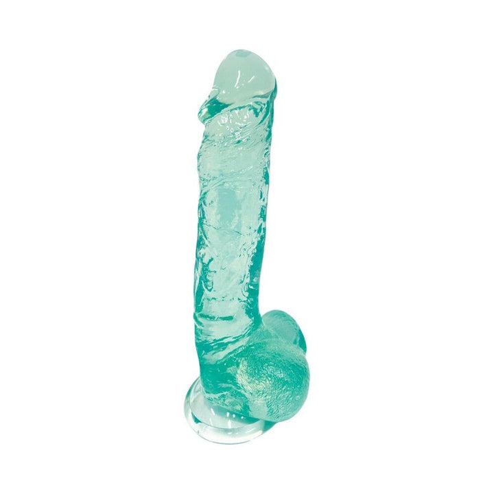 Translucent aqua-colored realistic dildo with suction cup base and textured details.