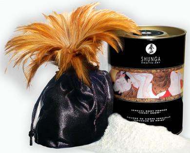 Sweet Snow Raspberry body powder set with black satin pouch, feather duster, and decorative canister packaging.