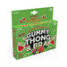 Green packaging of Sweet & Sour Gummy Thong and Bra edible candy lingerie with fruit illustrations and product details.
