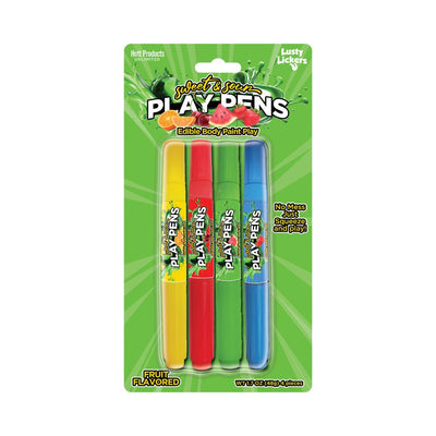 Four-pack of colorful Sweet & Sour Play Pens edible body paints in fruit flavors with green packaging.