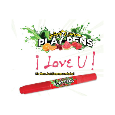 Red Sweet & Sour Play Pen edible body paint pen with "I Love U!" written in red ink and fruit illustrations.