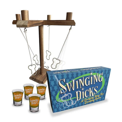 Swinging Dicks drinking game set with wooden frame, hanging ring toss pieces, four shot glasses, and game box.