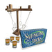 Swinging Dicks drinking game set with wooden frame, hanging ring toss pieces, four shot glasses, and game box.