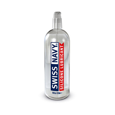 Clear 16 oz Swiss Navy Silicone Lubricant bottle with pump dispenser and bold blue and red label design.