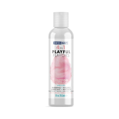 Bottle of Swiss Navy 4 In 1 Playful Flavors warming and kissable lubricant in cotton candy scent, 1oz size.