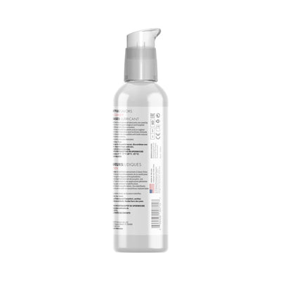 Clear plastic pump bottle of Swiss Navy 4 In 1 Playful Flavors lubricant showing back label with usage and safety information.