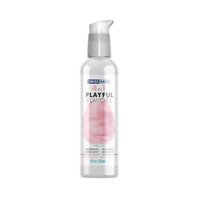 Bottle of Swiss Navy 4 In 1 Playful Flavors warming and kissable lubricant in cotton candy scent, 4 oz pump bottle.