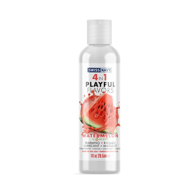 Bottle of Swiss Navy 4 In 1 Playful Flavors warming, kissable, watermelon-scented lubricant and massage oil, 1oz.