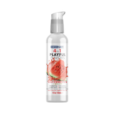 Bottle of Swiss Navy 4 in 1 Playful Flavors Watermelon warming lubricant and kissable massage oil, 4 oz.