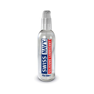 Clear pump bottle of Swiss Navy silicone lubricant with blue and red label, 4 fl oz size