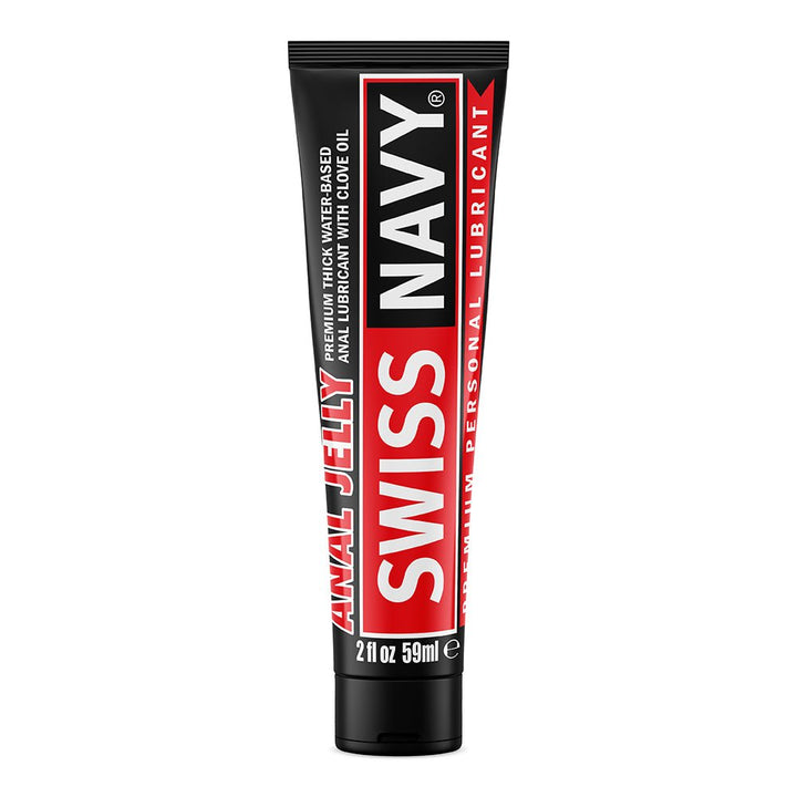 Tube of Swiss Navy Anal Jelly premium water-based lubricant with clove oil, 2 oz, black and red packaging.