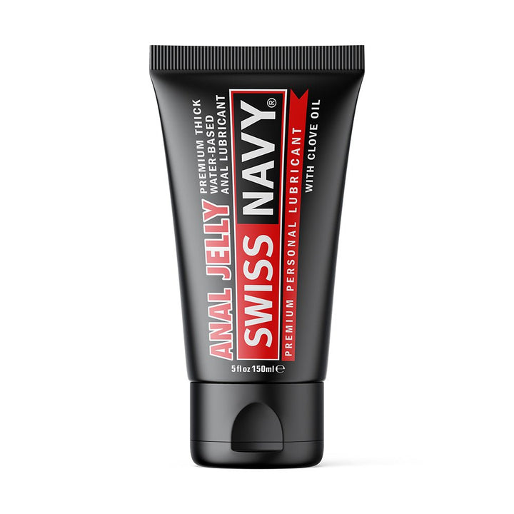 Tube of Swiss Navy Premium Water Based Anal Jelly lubricant with clove oil, 5 oz, black packaging with red and white text.