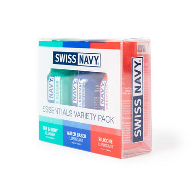 Swiss Navy Essentials Variety Pack with toy and body cleaner, water-based lubricant, and silicone lubricant in 1 oz bottles.