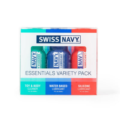 Swiss Navy Essentials Variety Pack with 1 oz bottles of toy and body cleaner, water-based lubricant, and silicone lubricant.