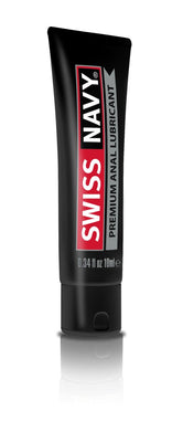 Tube of Swiss Navy premium silicone anal lubricant with black and red packaging, 0.34 fl oz size.