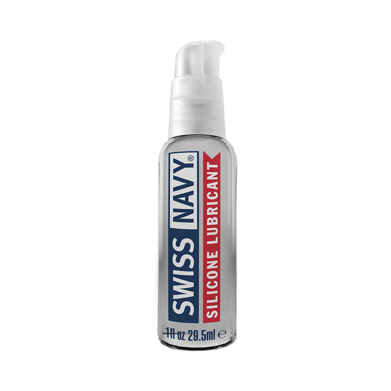Clear 1 fl oz Swiss Navy silicone lubricant bottle with pump dispenser and bold blue and red label design.