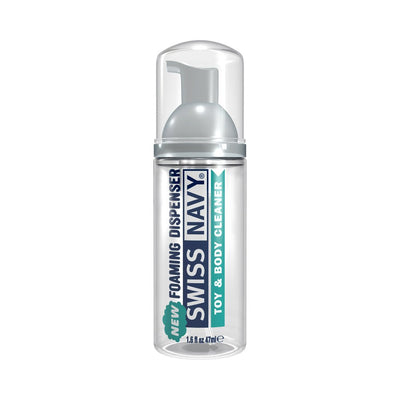 Swiss Navy Toy and Body Cleaner 1.6 oz foaming dispenser bottle with clear cap and label.