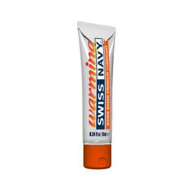 Tube of Swiss Navy Warming water-based premium lubricant with orange cap and white packaging.