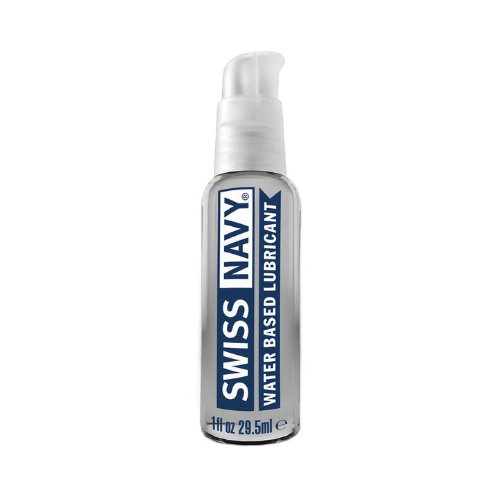 Clear 1 fl oz bottle of Swiss Navy water-based lubricant with a white pump dispenser and blue label.