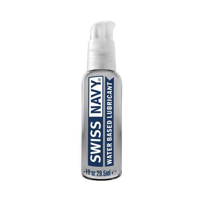 Clear 1 fl oz bottle of Swiss Navy water-based lubricant with a white pump dispenser and blue label.