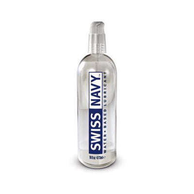 Clear 18 oz bottle of Swiss Navy water-based lubricant with a no-spill pump dispenser and blue label.