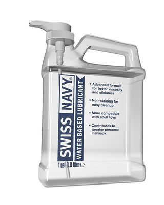 Clear 1-gallon Swiss Navy water-based lubricant bottle with pump and product benefits listed on label.