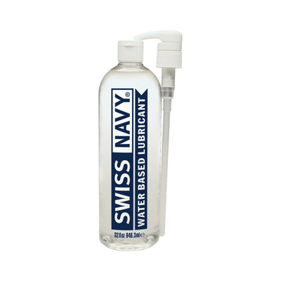 Clear 32 oz Swiss Navy water-based lubricant bottle with white pump dispenser and navy blue label text