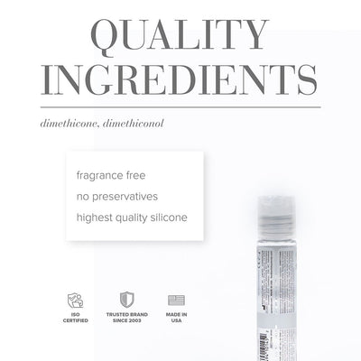 System Jo All In One Massage Glide bottle with text highlighting fragrance free, no preservatives, and high quality silicone ingredients.