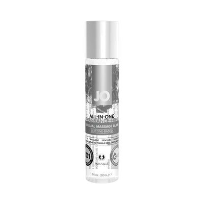 System Jo All In One fragrance-free silicone-based massage glide in a clear 1oz bottle with white cap and label.