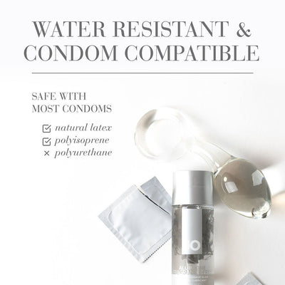 System Jo All In One Massage Glide bottle with clear gel, condoms, and text highlighting water resistance and condom compatibility.
