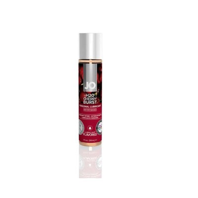 System JO H2O Cherry Burst flavored water-based personal lubricant in a 1oz clear bottle with white cap and red label.
