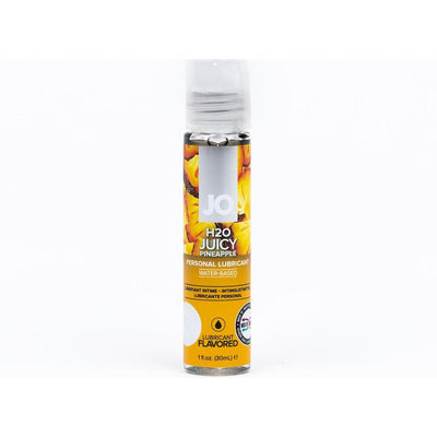 System JO H2O Juicy Pineapple flavored water-based personal lubricant in a 1oz clear bottle with yellow label.