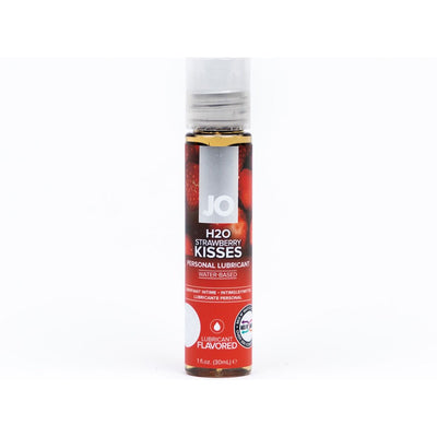 System JO H2O Strawberry Kisses flavored water-based personal lubricant in a 1oz clear bottle with red label.