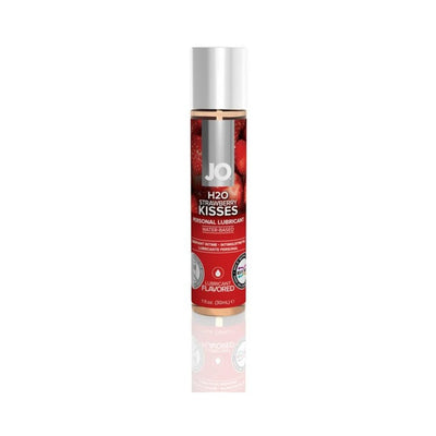 System JO H2O Strawberry Kisses flavored water-based personal lubricant 1oz bottle with red label and white cap.