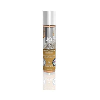 System JO H2O Vanilla Cream flavored water-based personal lubricant in a 1oz clear bottle with white cap and gold label.
