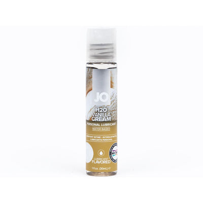 System JO H2O Vanilla Cream flavored water-based personal lubricant in a 1oz clear bottle with a flip cap.