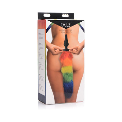 Packaging of Tailz Rainbow Tail Silicone Butt Plug featuring a colorful faux fur tail and black silicone plug.