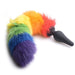 Black silicone butt plug with a soft, fluffy rainbow-colored faux fur tail attached.