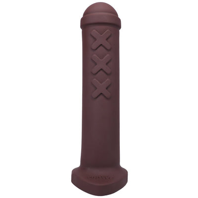 Oxblood red silicone dildo inspired by Amsterdam traffic barriers with triple X design and tapered tip.