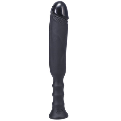 Black ergonomic silicone adult toy with a textured handle designed for comfortable grip and control.