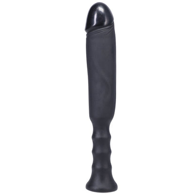 Black ergonomic silicone adult toy with a muscled shaft and textured handle for comfortable grip.