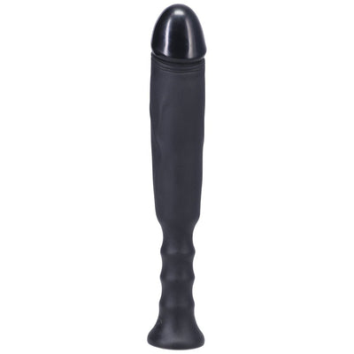 Black ergonomic silicone adult toy with textured handle and smooth rounded tip for comfortable use.