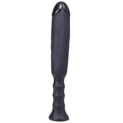 Black ergonomic silicone adult toy with textured handle and smooth shaft for comfortable grip and control.