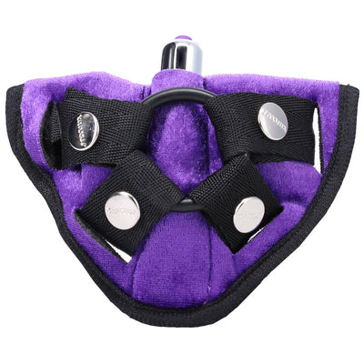 Purple velvet strap-on harness with black adjustable straps and a silver bullet vibrator inserted in the front pocket.